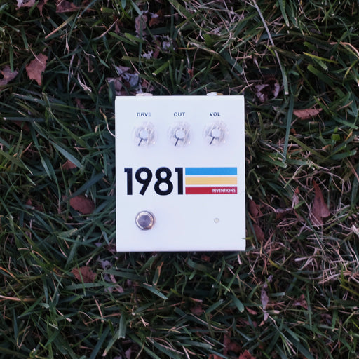 1981 Inventions DRV2 No.3 overdrive distortion guitar pedal, white with coloured stripes and clear knobs