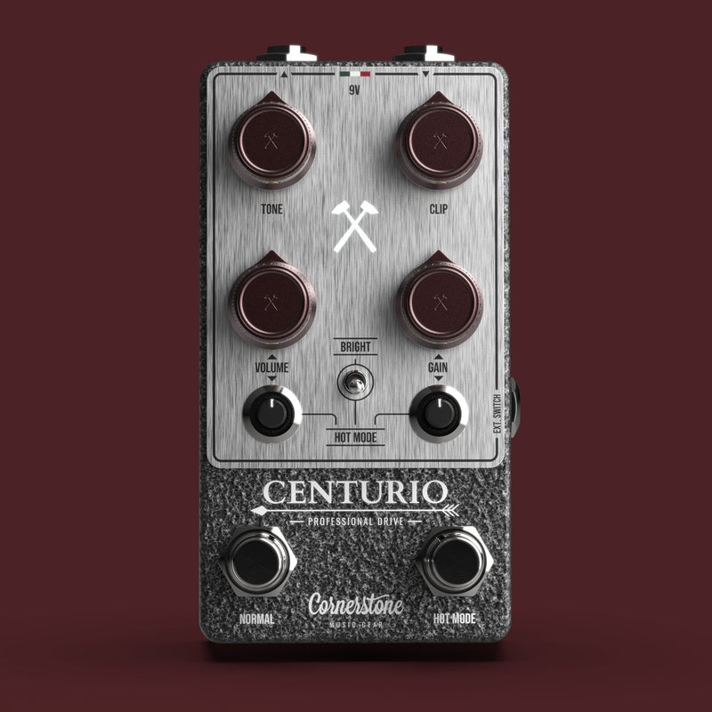 Cornerstone Centurio overdrive pedal - angled view of controls