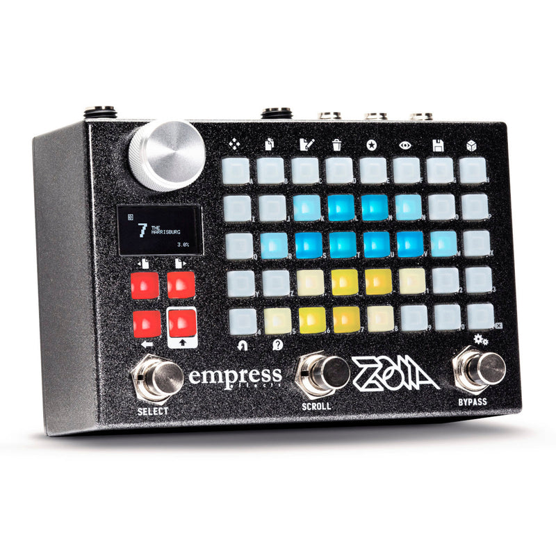 Empress Effects ZOIA at 45 degrees showing the OLED screen