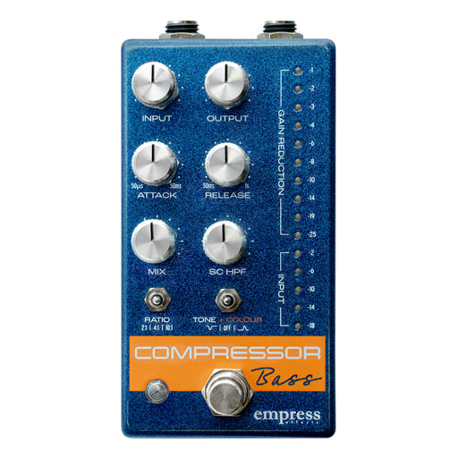 Empress Effects Bass Compressor in Blue Sparkle finish, top view